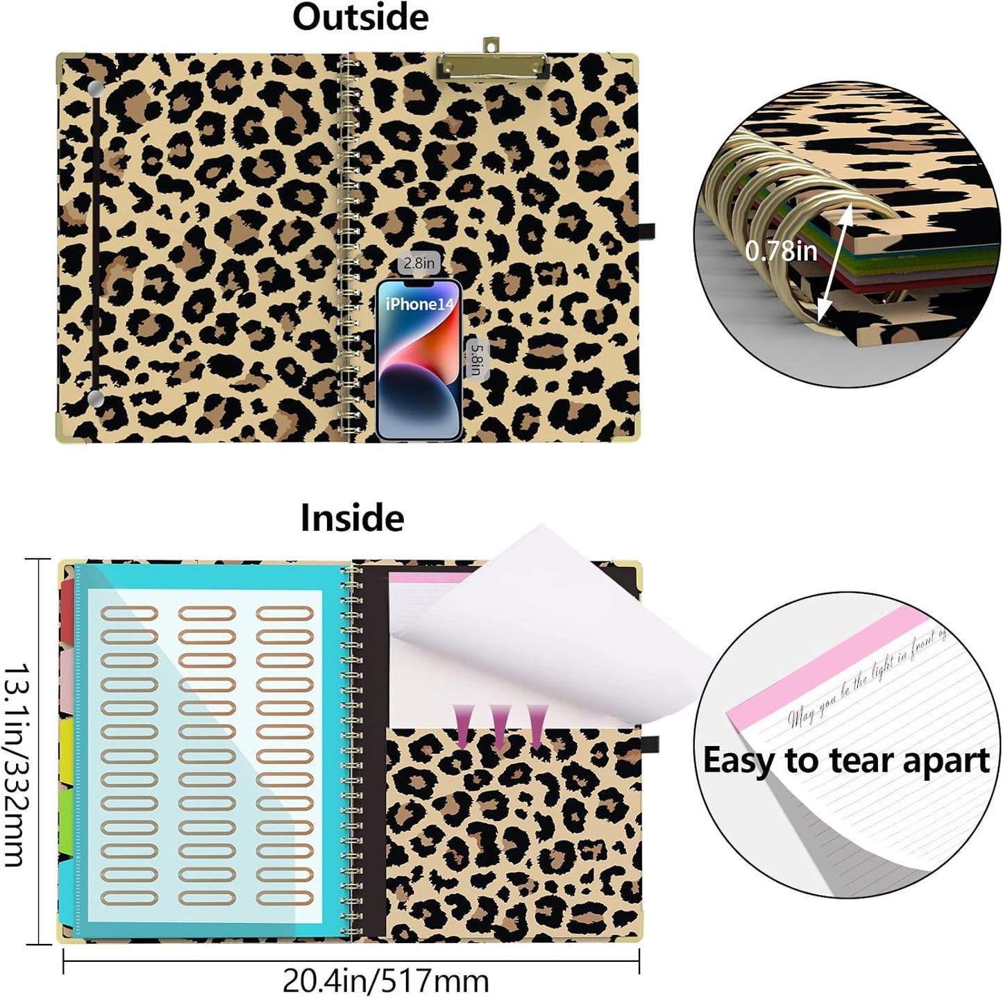 Foldable Clipboard Folio with Storage, 5 Plastic Folders with 10 Pockets,Refillable Lined Notepad (11" x 8.5"), Hardcover Project Organizer Nursing Teacher School Essentials(Cheetah Spots)