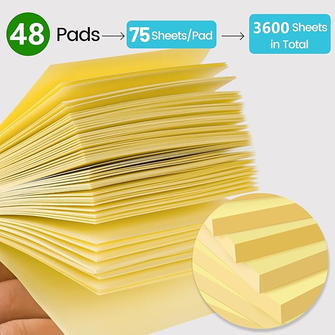 (48 Pack) Sticky Notes 3x3 in Yellow, Clean Removal, Recyclable, Self-Stick Pads, Easy to Post for Home, Office, Notebook