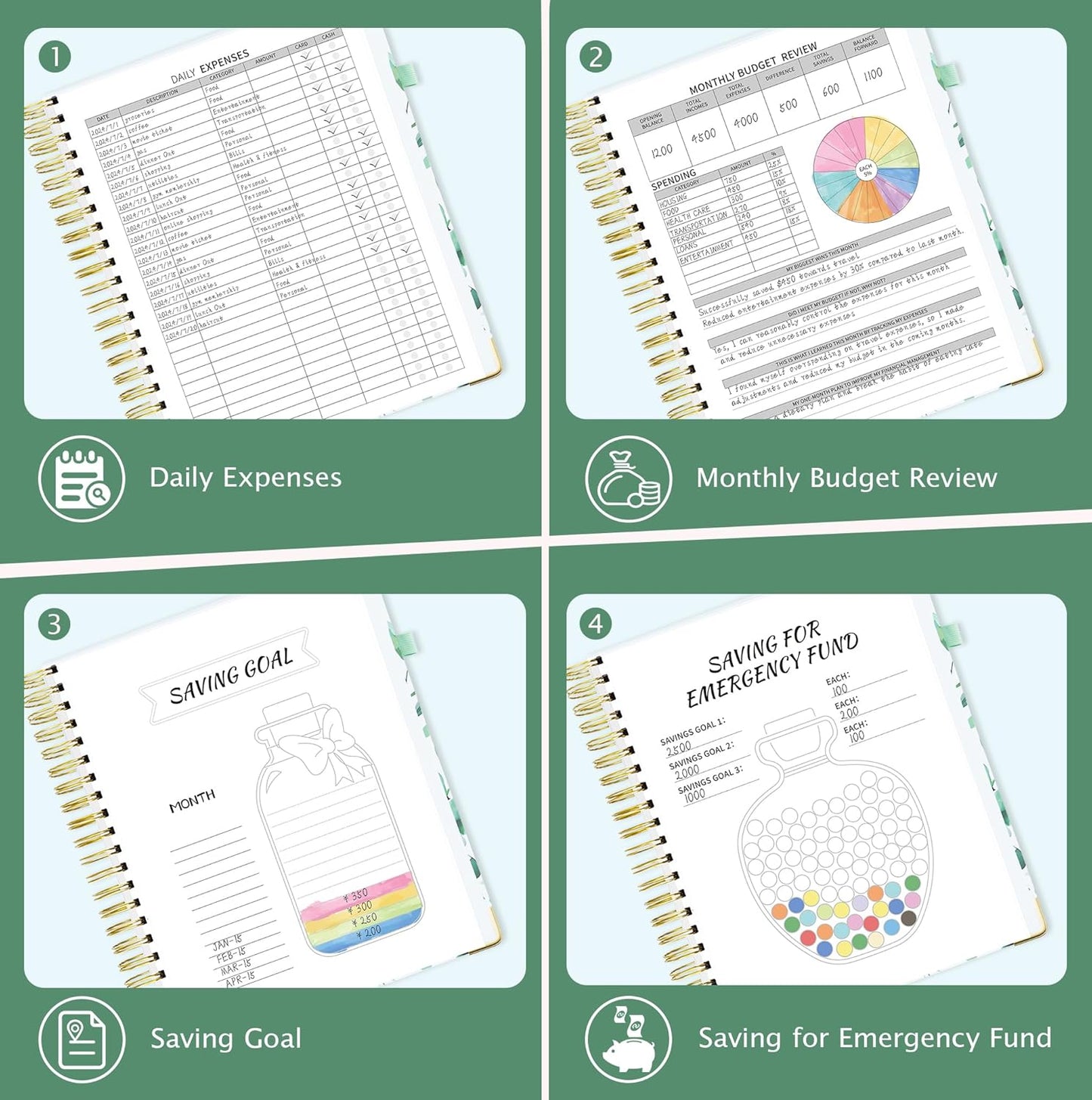 Ospelelf Undated Budget Planner with Expense Tracker and Bill Organizer Large Spiral Bound Monthly Account Planners to Take Control of Your Money 12 Months Green