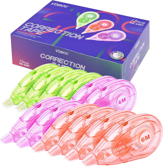 White Correction Tape, Easy To Use Applicator for Instant Corrections Wrong Writing At Any Time, For school, Office (red, purple, green, 12pack, 6M/256" x 0.2")