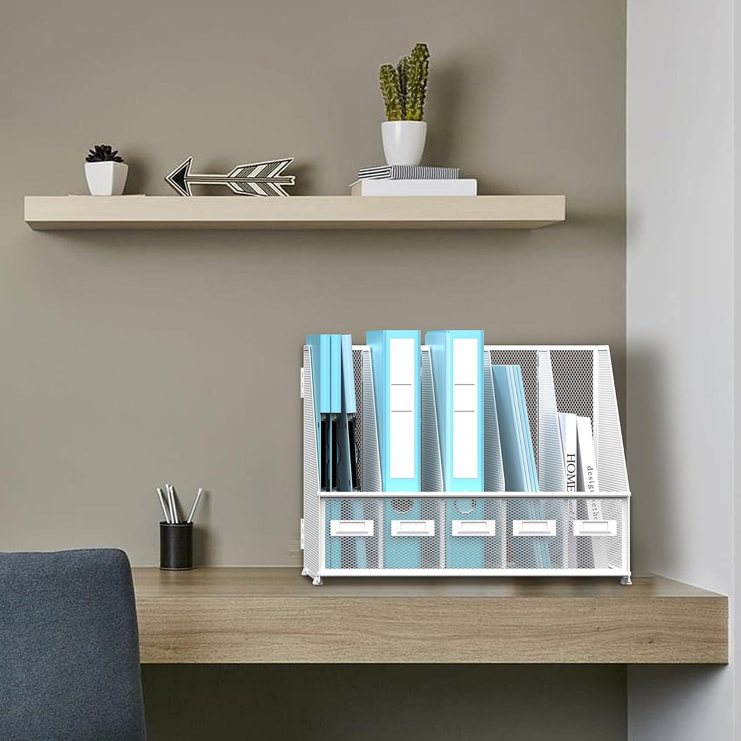 SUPEASY Desk Organizers Metal Desk Magazine File Holder with 5 Vertical Compartments Rack File Organizer for Office Desktop, Home Workspace, White Plus