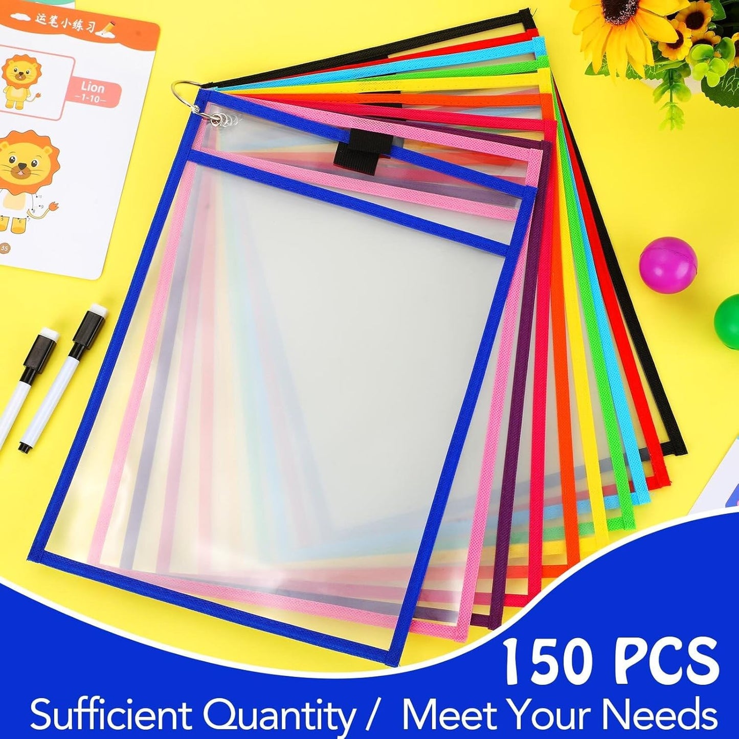 Teling 150 Pcs Dry Erase Pockets Bulk Reusable Job Ticket Holders Clear Plastic Sleeve Protector Work Order Sleeve Shop Ticket Holder for Welcome Teacher Back Office Supplies(10 x 14'',Multicolor)