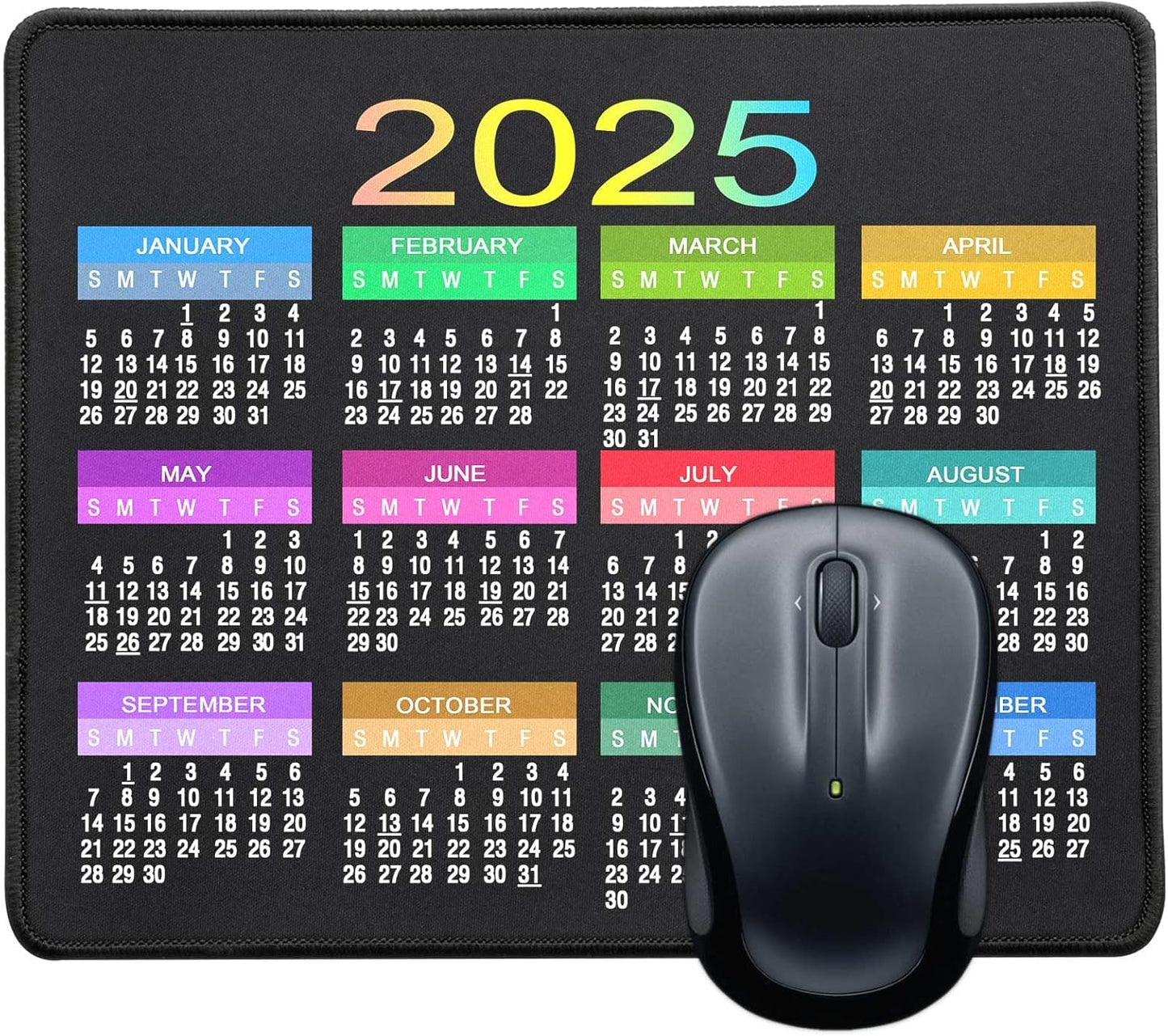 Mouse Pad with Non-Slip Rubber Base, Waterproof Computer Mousepad with Stitched Edges, Mouse Pads for Computers, Laptop, Gaming, Office & Home, 9.5 x 7.8 in (2025 Calendar Colorful)