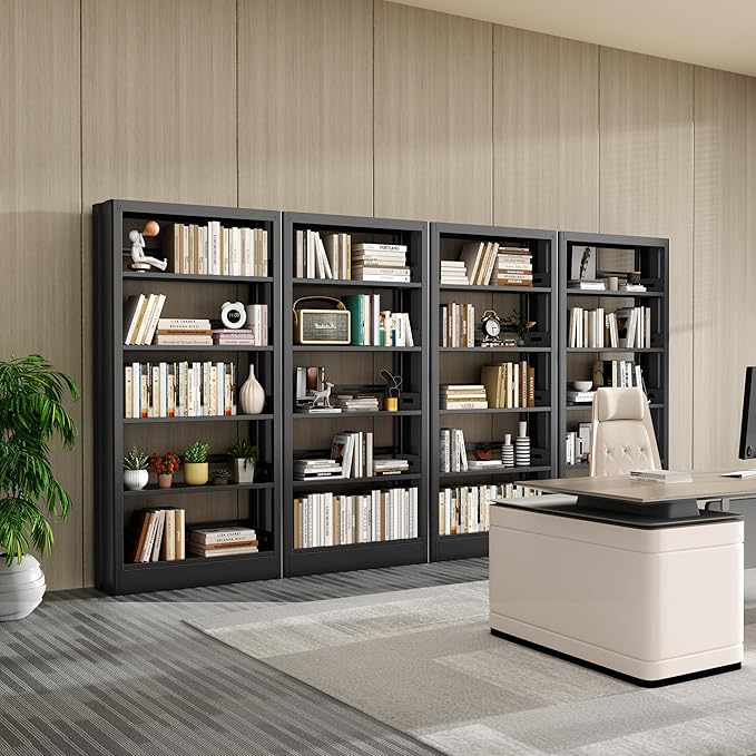 5-Tier Bookcase with Adjustable Storage Shelves, Metal Bookshelf with Book Stopper, Bookcase Shelf for Library, Office, Living Room