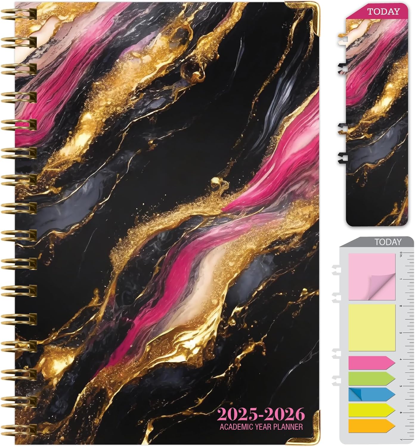HARDCOVER Academic Year 2025-2026 Planner: (June 2025 Through July 2026) 5.5"x8" Daily Weekly Monthly Planner Yearly Agenda. Bookmark, Pocket Folder and Sticky Note Set (Dark Gold Marble)