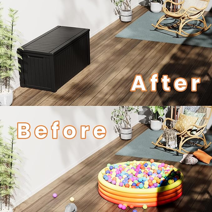 200 Gallon Outdoor Storage Box Waterproof Lockable Resin Deck Box Large, Patio Storage Bin for Pool Accessories Cushion Furniture, Garden Tools, UV-Resistant Outside Delivery Black