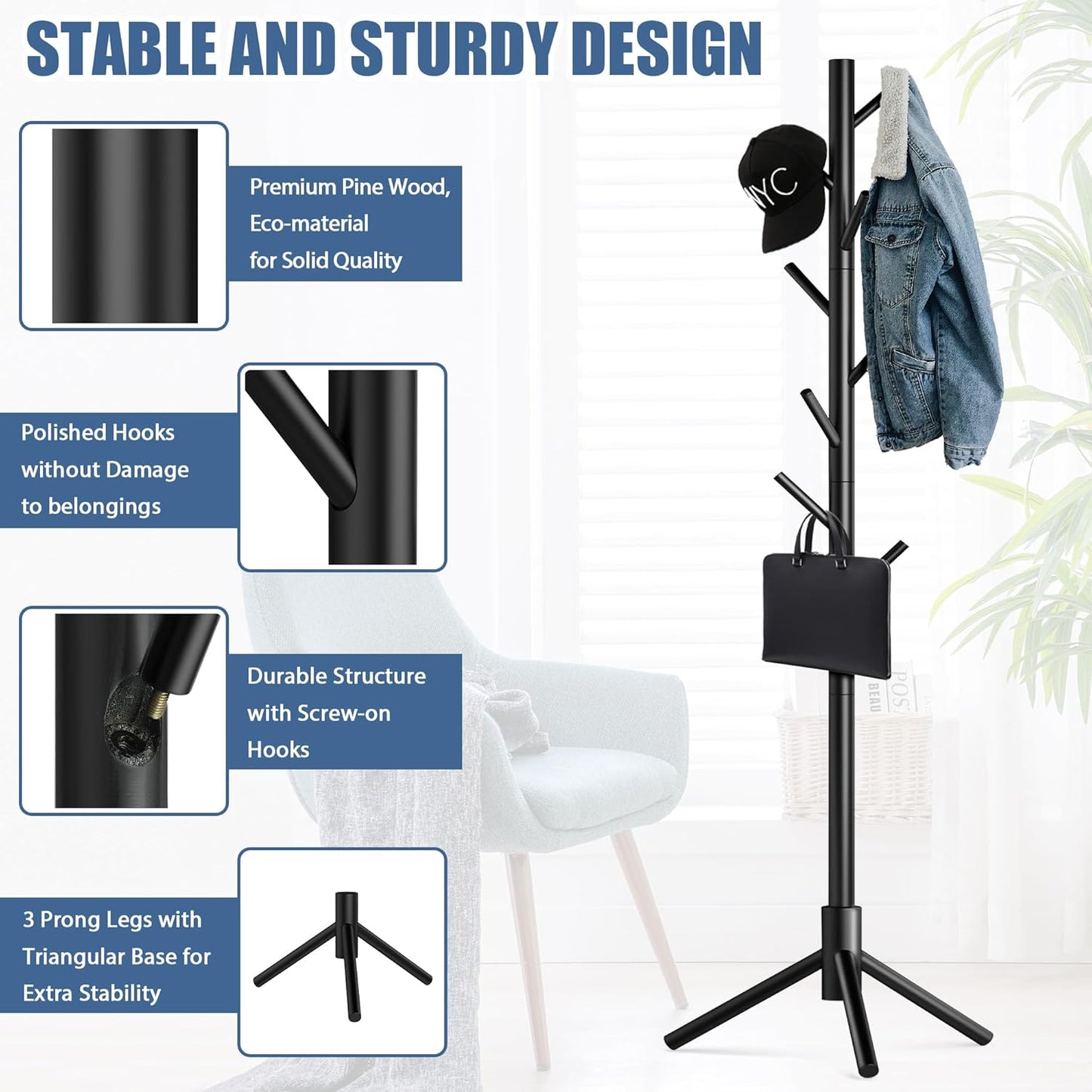 Haddockway Wooden Coat Rack Stand with 8 Hooks New Zealand Pine 3 Adjustable Coat Standing Tree Easy Assembly for Coats, Hats, Scarves and Handbags for Entryway, Hallway, Bedroom, Office,2 PCS