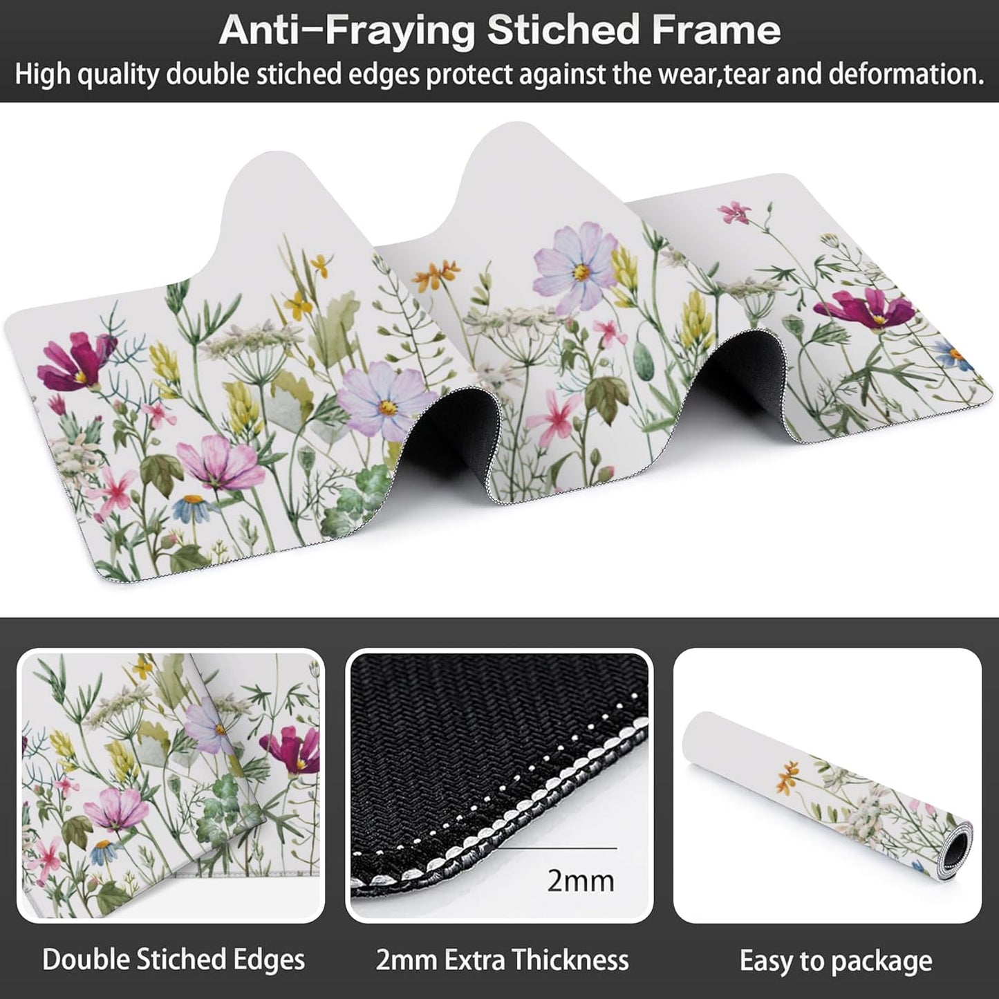 Desk Mat, Vintage Watercolor Flowers Extended Large Gaming Mouse Pad for Desk XXL, Non-Slip Rubber Base Stitched Edges Long Computer Keyboard Desk Pad Mouse Mat for Home Office Gaming 35.4"X15.7"