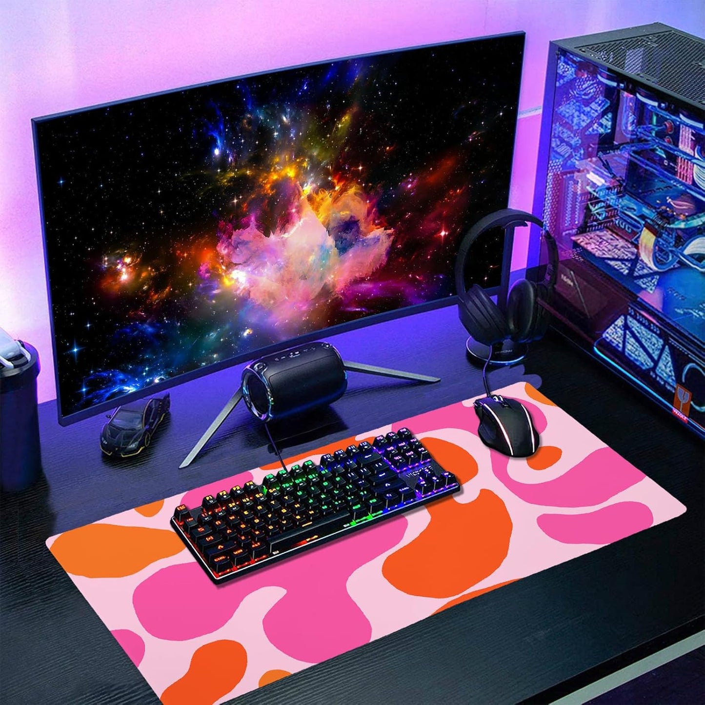 Pink Orange Cute Gaming Mouse Pad Large XL Kawani Preppy Abstract Modern Geographic Extended Large Desk Mat Mousepad Non-Slip Rubber Base Stitched Edge Long Desk Pad for Desktop Office PC,24x14 Inch