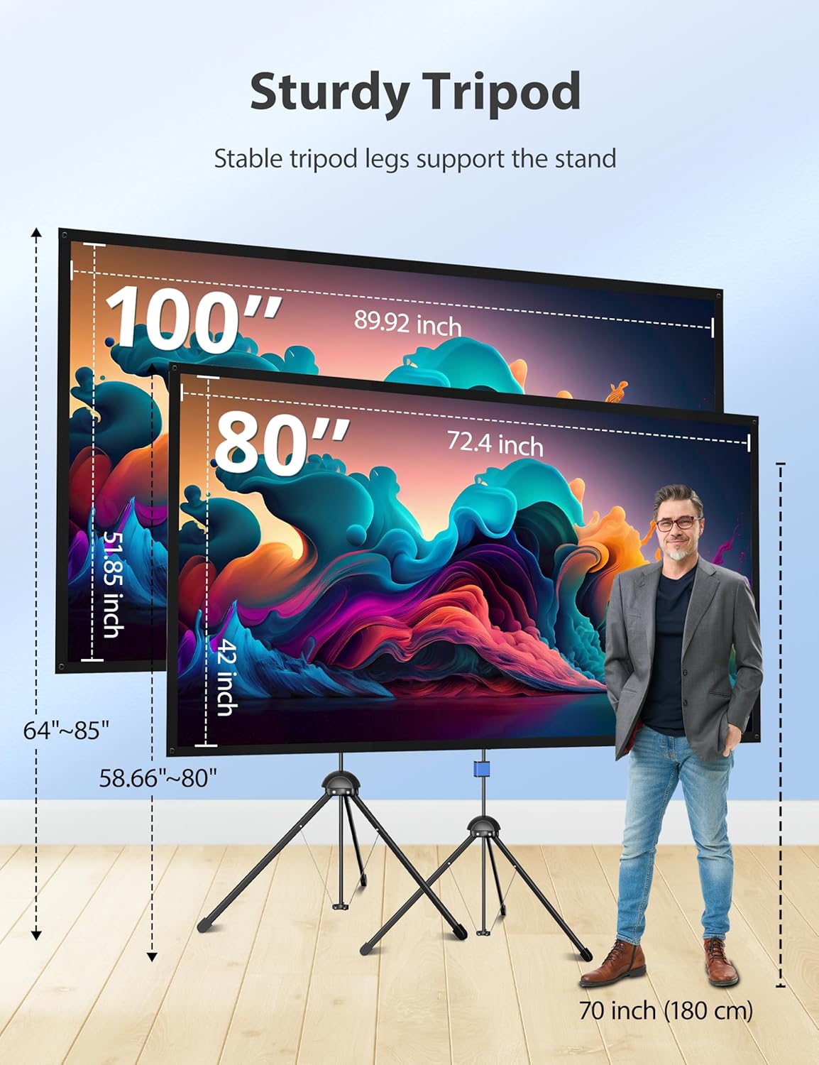 Projector Screen with Stand, PARIS RHÔNE 80-inch Outdoor Indoor Projector Screen 16:9 4K HD PVC, 1.5 Gain Portable Wrinkle-Free Movie Screen for Home Backyard Theater with Carry Bag, Ground Nails