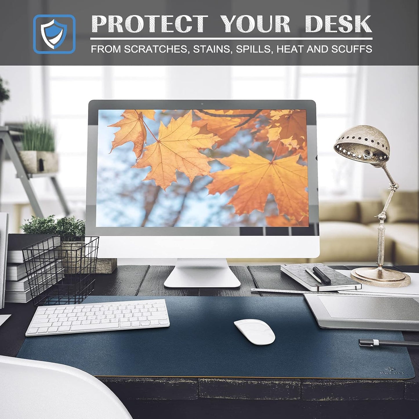 K KNODEL Large Office Leather Desk Mat, Mouse and Keyboard Pad, Computer and Laptop Mat, Desktop Protector and Cover, Writing Pad and Blotter (31.5"x15.7", Dark Blue)
