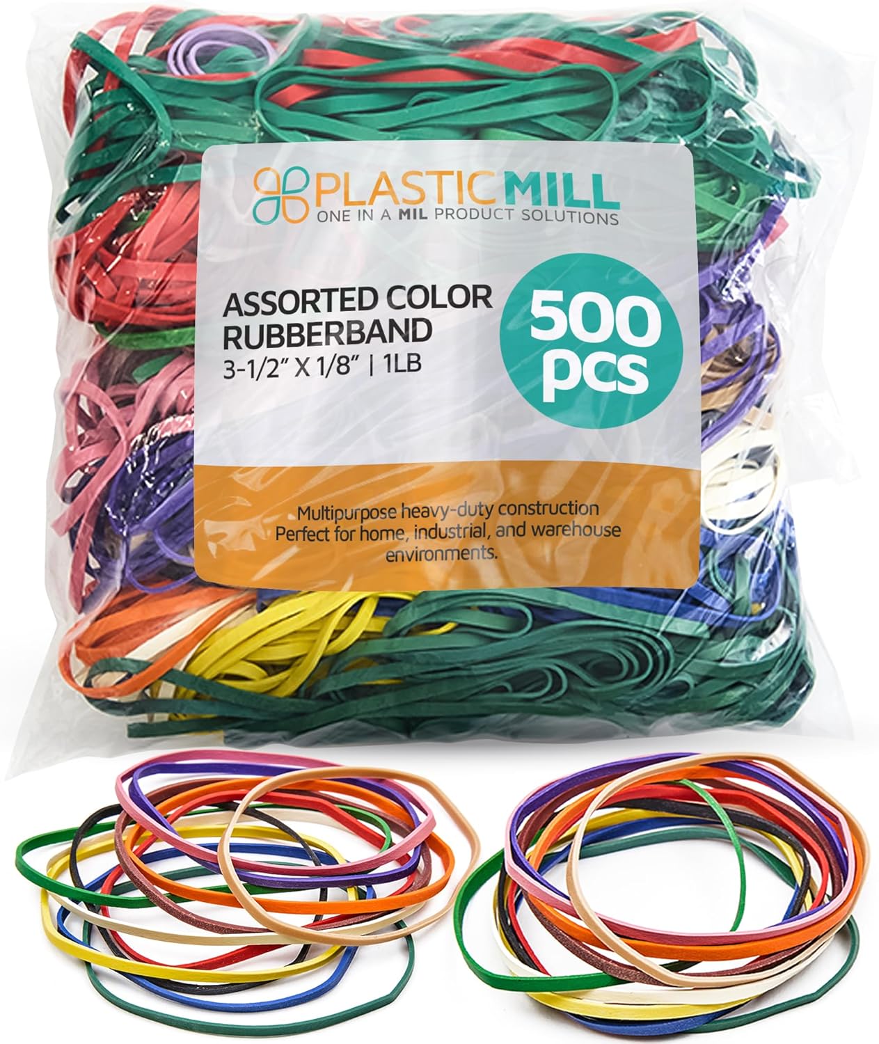 PlasticMill Rubber Bands Assorted Colors - Size 33 (3 1/2" x 1/8") - #33 Colored Rubber Bands Office Supplies - Strong, Elastic Bands for Crafts, Balloon Garland, Cash, File Folders (500-Pack)