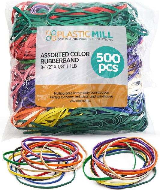 PlasticMill Rubber Bands Assorted Colors - Size 33 (3 1/2" x 1/8") - #33 Colored Rubber Bands Office Supplies - Strong, Elastic Bands for Crafts, Balloon Garland, Cash, File Folders (500-Pack)