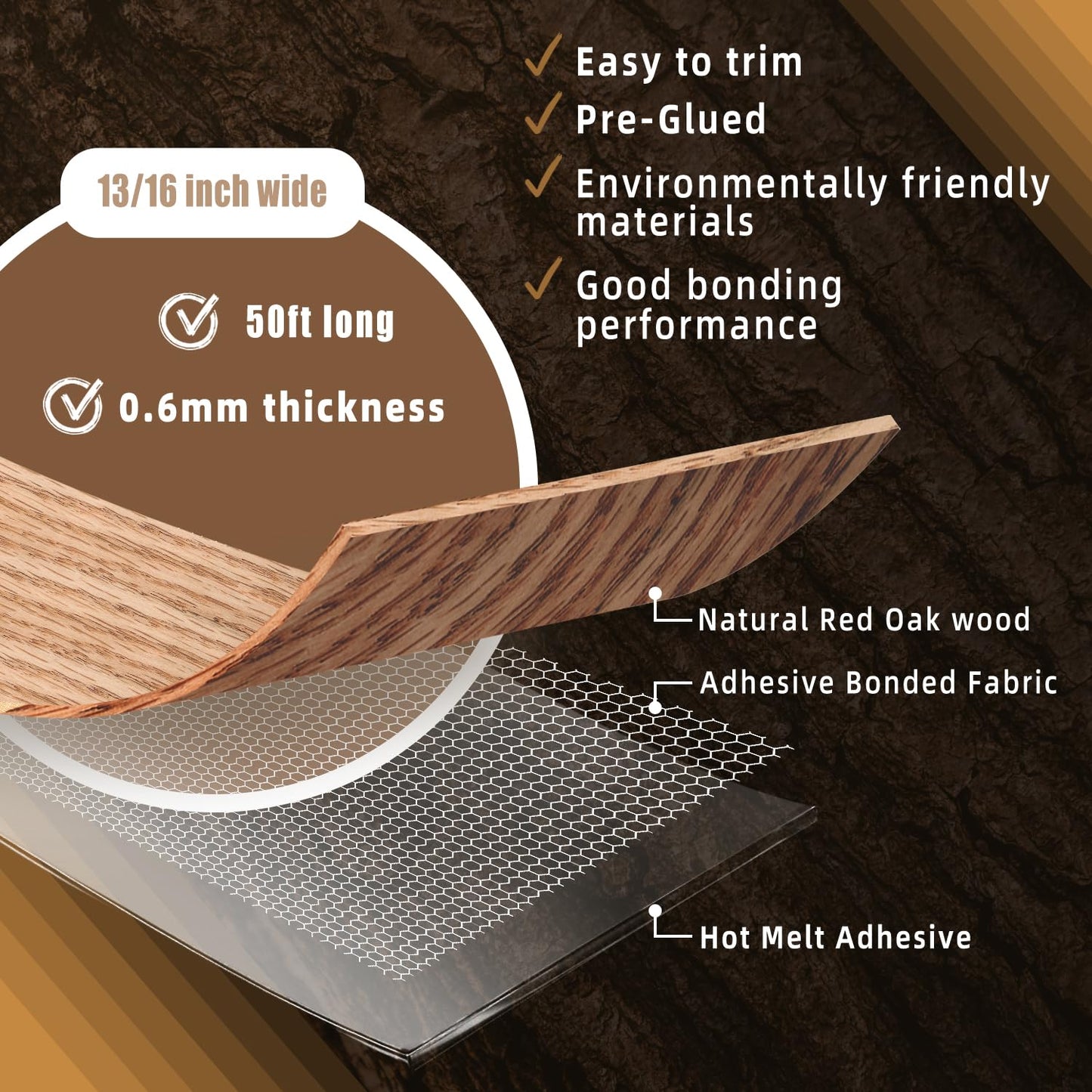 GSCIT Club Red Oak Edge Banding, 13/16 inch x 50ft roll of Veneer Edge Banding Preglued Flexible, Wood Tape Banding for Cabinet Repair