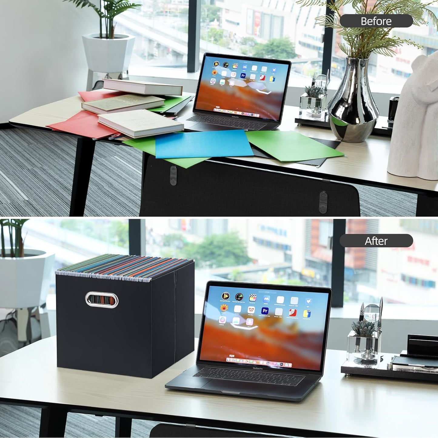 Oterri File Organizer, 2 Packs Large Storage Box, Cardboard File Folder Organizer, Collapsible File Box for Hanging File Folders Letter Size, Portable Filing Organizer with Handle (Black)