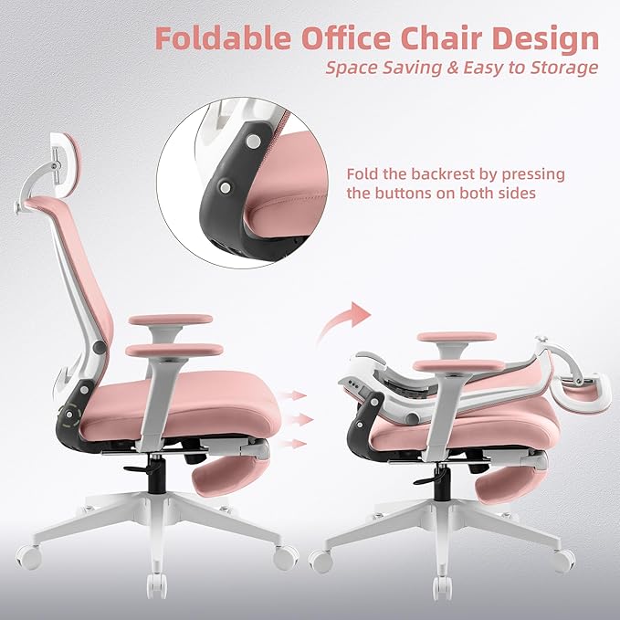 Foldable Office Chair with Foot Rest, Ergonomic Office Chair with Adjustable Lumbar Support, Headrest, Armrest, Home Office Desk Chair for Space Saving, Work from Home, Pink
