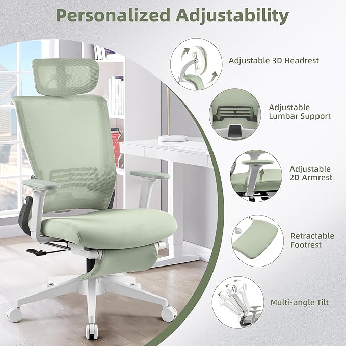 Foldable Office Chair with Foot Rest, Ergonomic Office Chair with Adjustable Lumbar Support, Headrest, Armrest, Home Office Desk Chair for Space Saving, Work from Home, Green