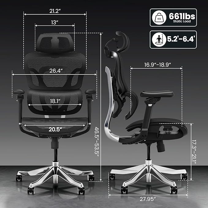 FLEXISPOT ErgoX Max Ergonomic Office Chair Black - Aluminum Alloy Frame & Base, 661 lb Capacity, 5D Armrests, 4D Adaptive Lumbar & 4D Headrest