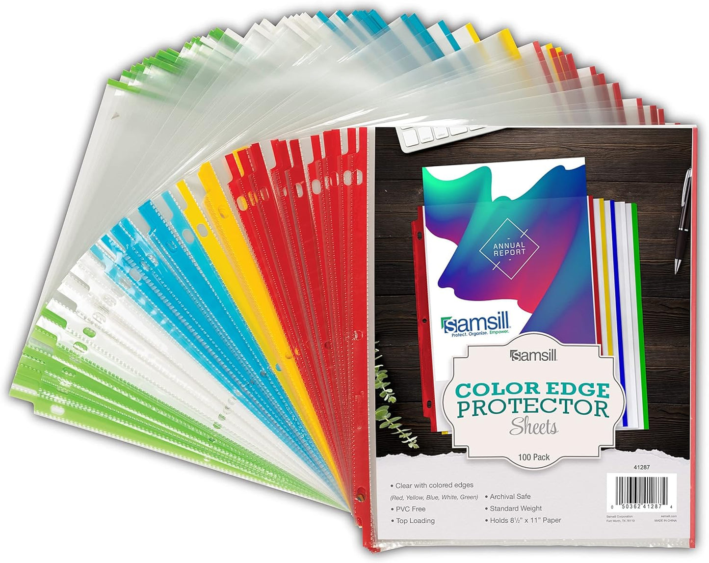 Samsill Color Edge Sheet Protectors 8.5 x 11 Inch, Page Protectors for 3 Ring Binder, Standard Weight, Clear Sheet Protector, Letter Size, Top Loading, Acid Free, 100 Pack