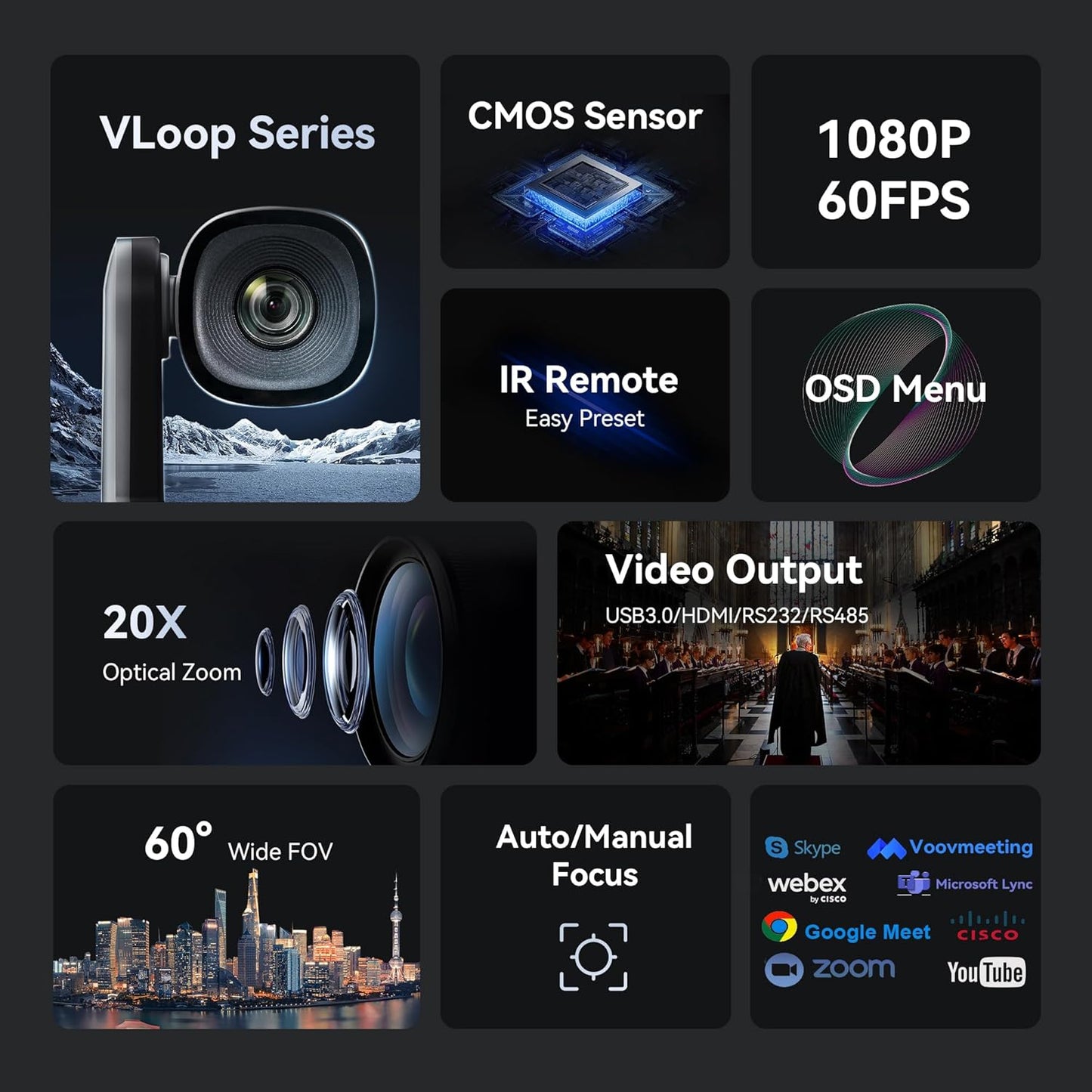 Tenveo VLoop PTZ Camera with 20X Optical Zoom Wide View Angle USB3.0/HDMI Works with Zoom Skype Teams FHD 1080P for Video Conference Red Dot Design Winner (VL20H)