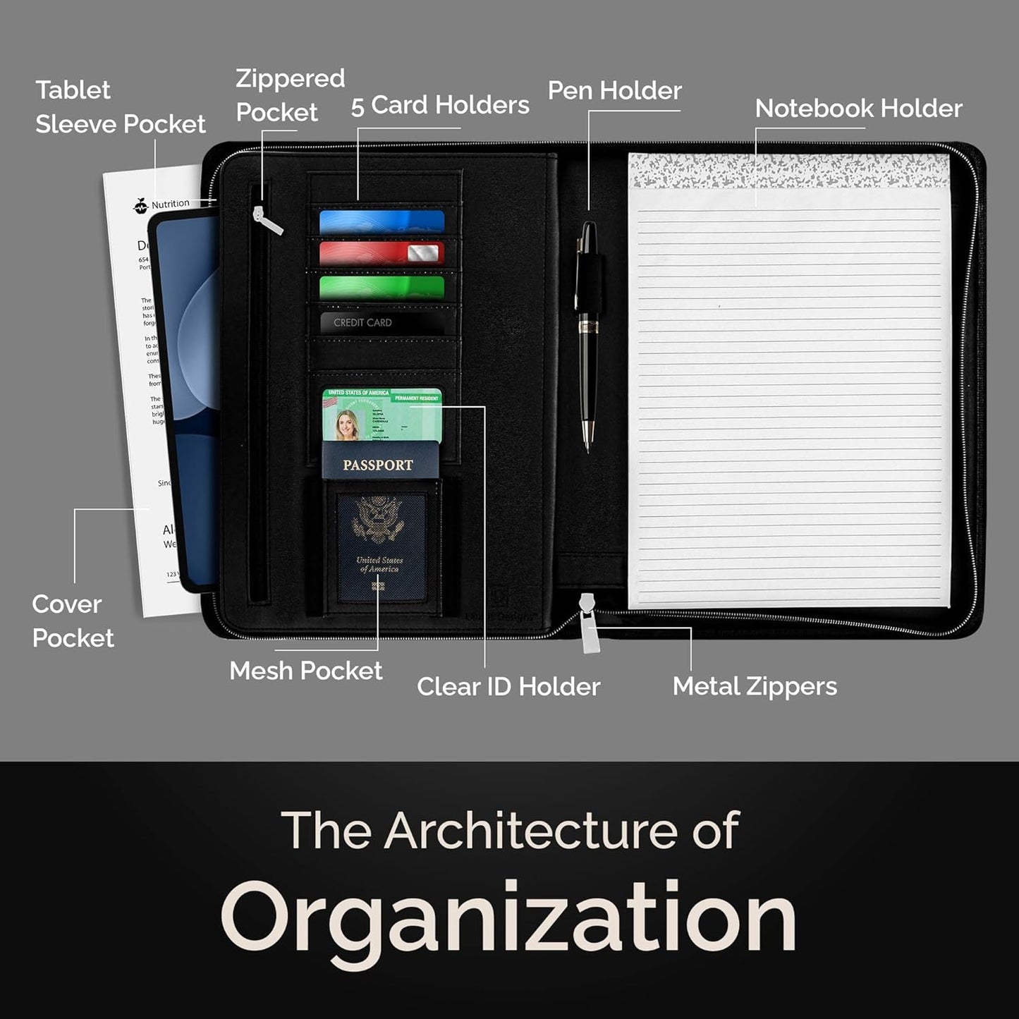 Customized Black Zippered Portfolio Binder - Engraved PU Leather Business Portfolio Organizer - Padfolio for Men & Women with US Letter Notepad, 10.5 Inch Tablet Pocket & Gift Box by Lautus Designs