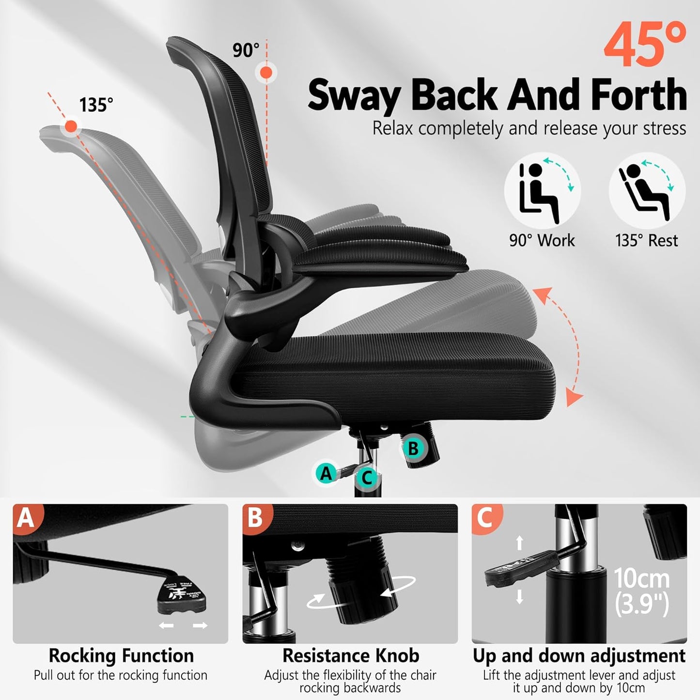 Home Office Desk Chair, Ergonomic Office Chair with Lumbar Support and Adjustable Armrests, Office Chair, Breathable Mesh Mid Back Computer Chair, Modern Comfy Desk Chair