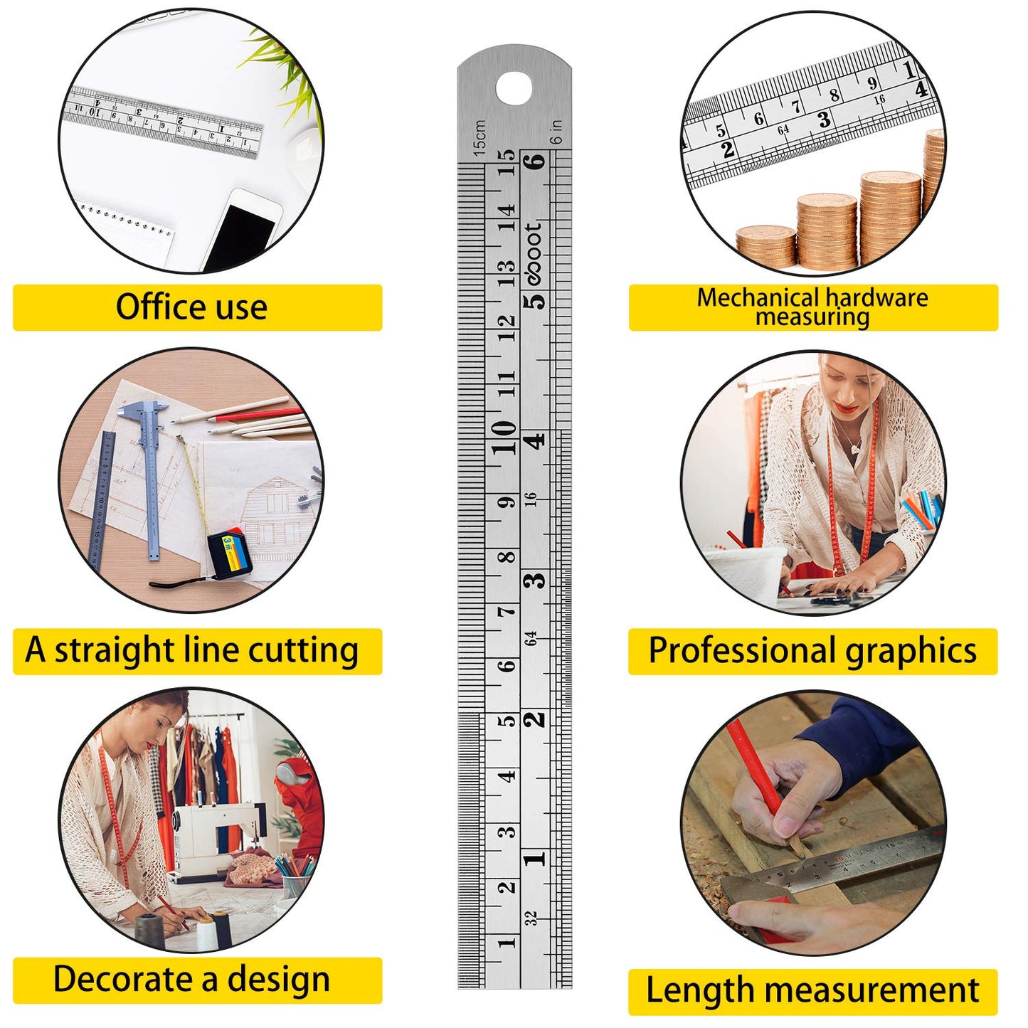 Stainless 2 Pack Steel Ruler 6 Inch Metal Rule Kit with Conversion TableC