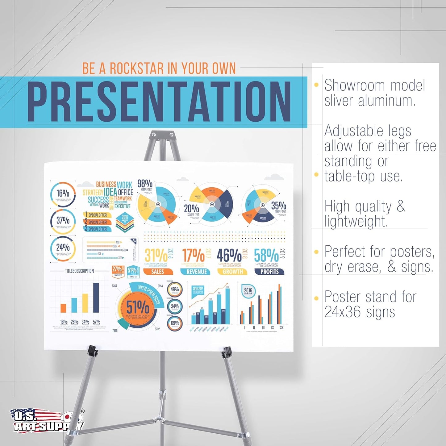 U.S. Art Supply 66" High Gallery Silver Metal Display Easel - Large Adjustable Height Portable Easel Stand, Sign Display, Holds 25 lbs - Floor & Tabletop Easels, Painting Stand