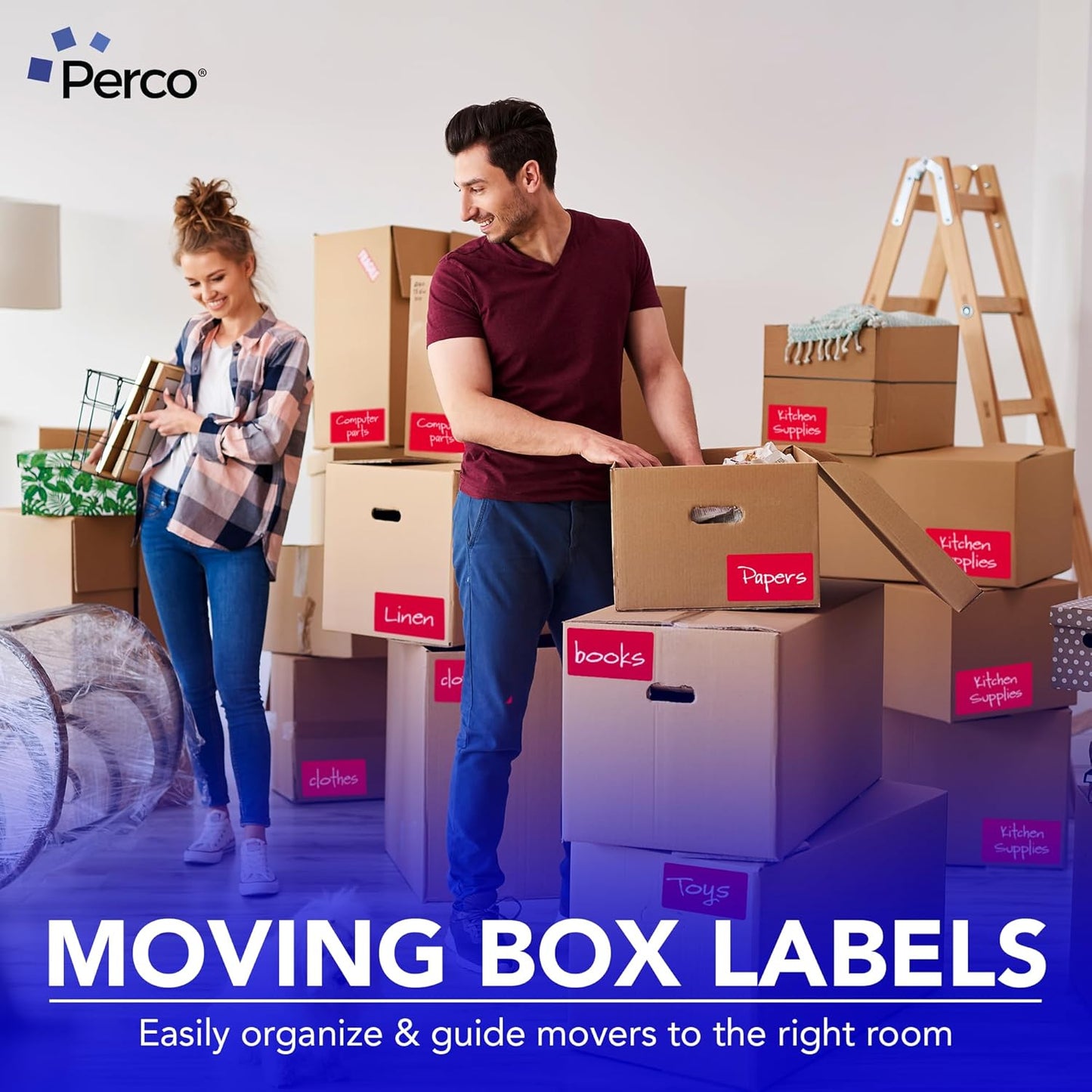 Perco Red Labels 3x5 Inch 500 Stickers/Roll with Easy Peel Perforation and Strong Adhesion for Inventory Management, Color Coding, Moving Boxes, Retail, Organizing & Crafts – Made in USA