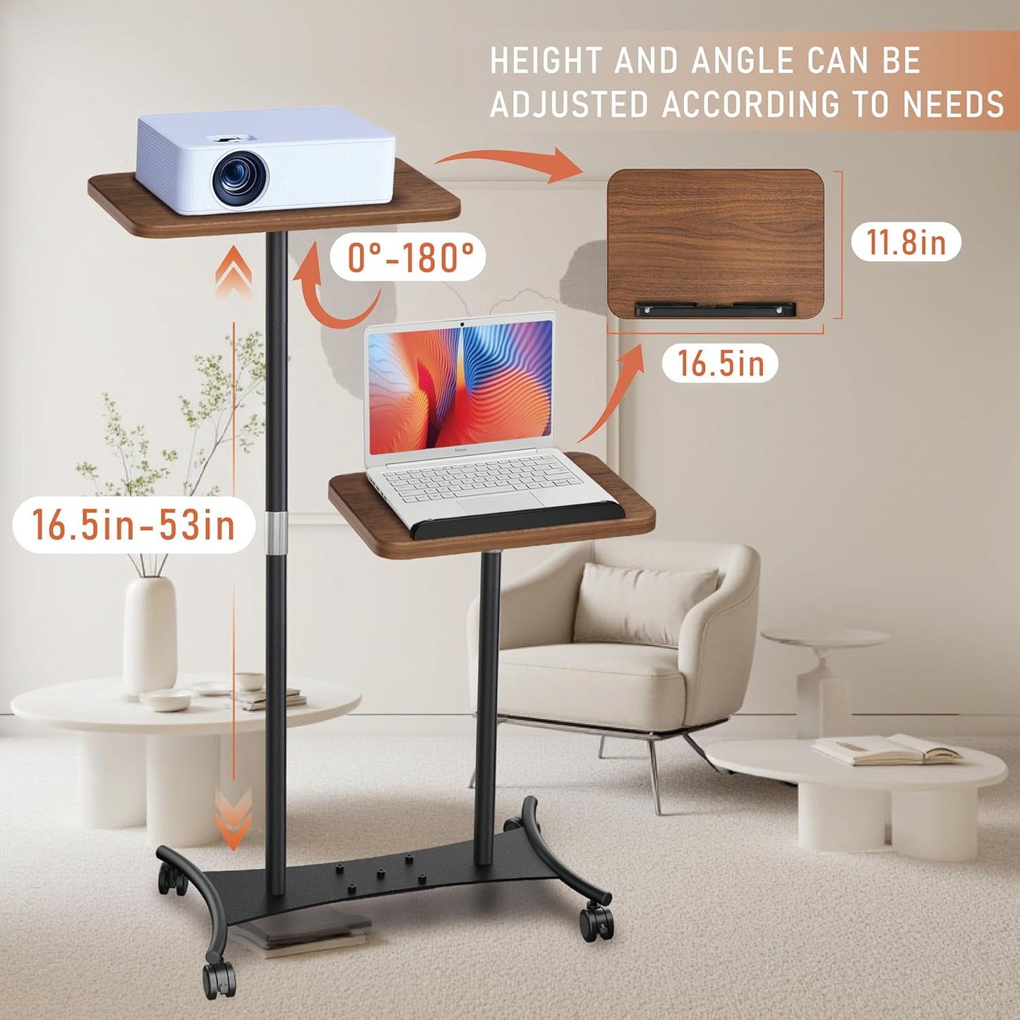 2 Shelves Projector Stand, Mobile Laptop Cart on Wheels Projector Stand Adjustable Height 20 to 53 Inches, Overbed Table with 5 Lockable Casters, Rolling Laptop Floor Stand for Couch