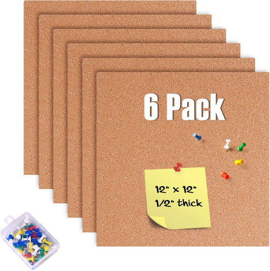 6 Pack Cork Bulletin Board 12 x 12 Inch - 1/2" Thick Cork Board Tiles,Self-Adhesive Frameless Cork Tiles Wall Decor with 50 PCS Pushpins for DIY, Office, School and Home Decor