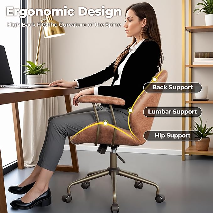 ovios Ergonomic Home Office Chair, Mid-Century Modern Faux Leather Chairs with Padded Armrests, Comfy Mid Back Swivel Rolling Executive Computer Armchair (Brown, Suede Leather)