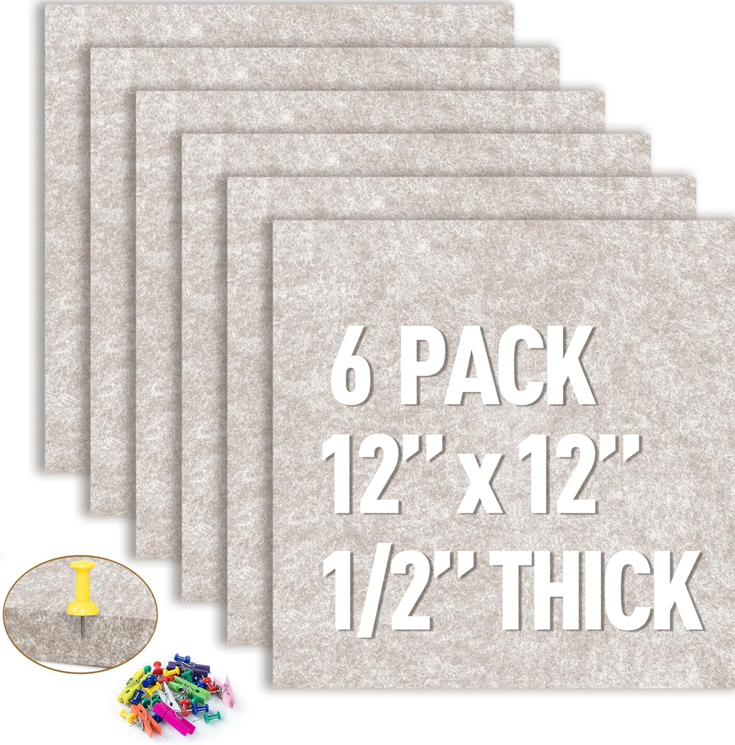 AKTOP Cork Bulletin Board 12x12, 1/2" Thick Felt Cork Board Tiles 6 Pack, Small Square Pin Board for Wall, Self Adhesive Corkboards with 60 Push Pin Wood Clips for School, Home & Office, Latte