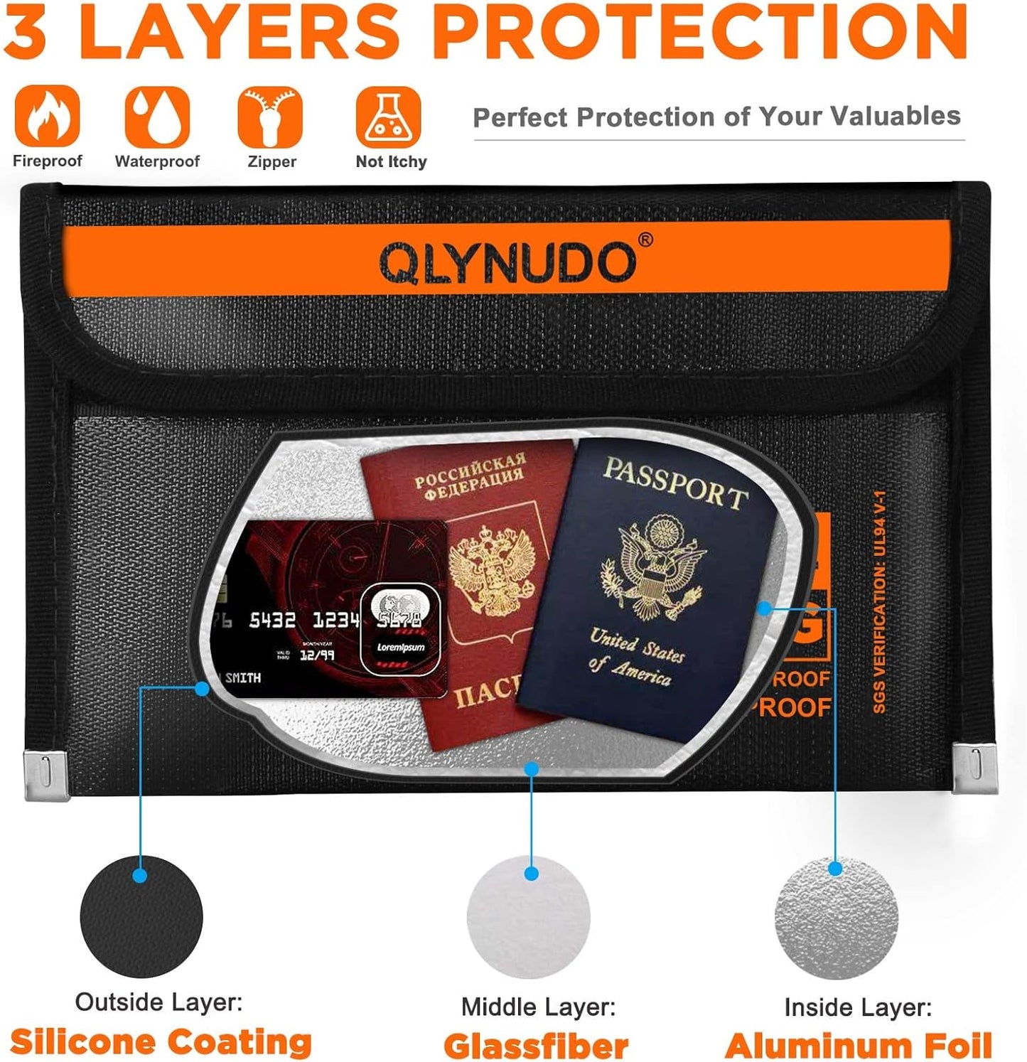 Portable Fireproof Money Envelopes for Cash and Document (8x5", Inside/External Size), 2-Pack Fireproof Money Bag with Waterproof Zipper, Large and Small Pouch Set, 3-Layers of Fireproof Material