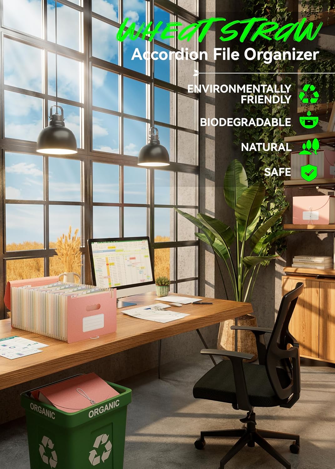 Accordion File Organizer, 26 Pockets Wheat Straw Expanding File Folder, Monthly Bill Receipt Organizer,A-Z Tabs,100% BPA Free,Return to Nature Healthy Living,Letter/A4 Size - Strawberry Pink