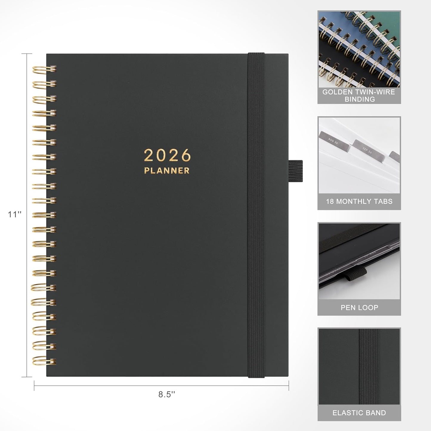 And Per Se 2026 Planner, A4 Size-Daily, Weekly & 18-Monthly Leather Hardcover Planner, Daily Schedule, Monthly Tabs, 100 GSM Thick Paper(Black)