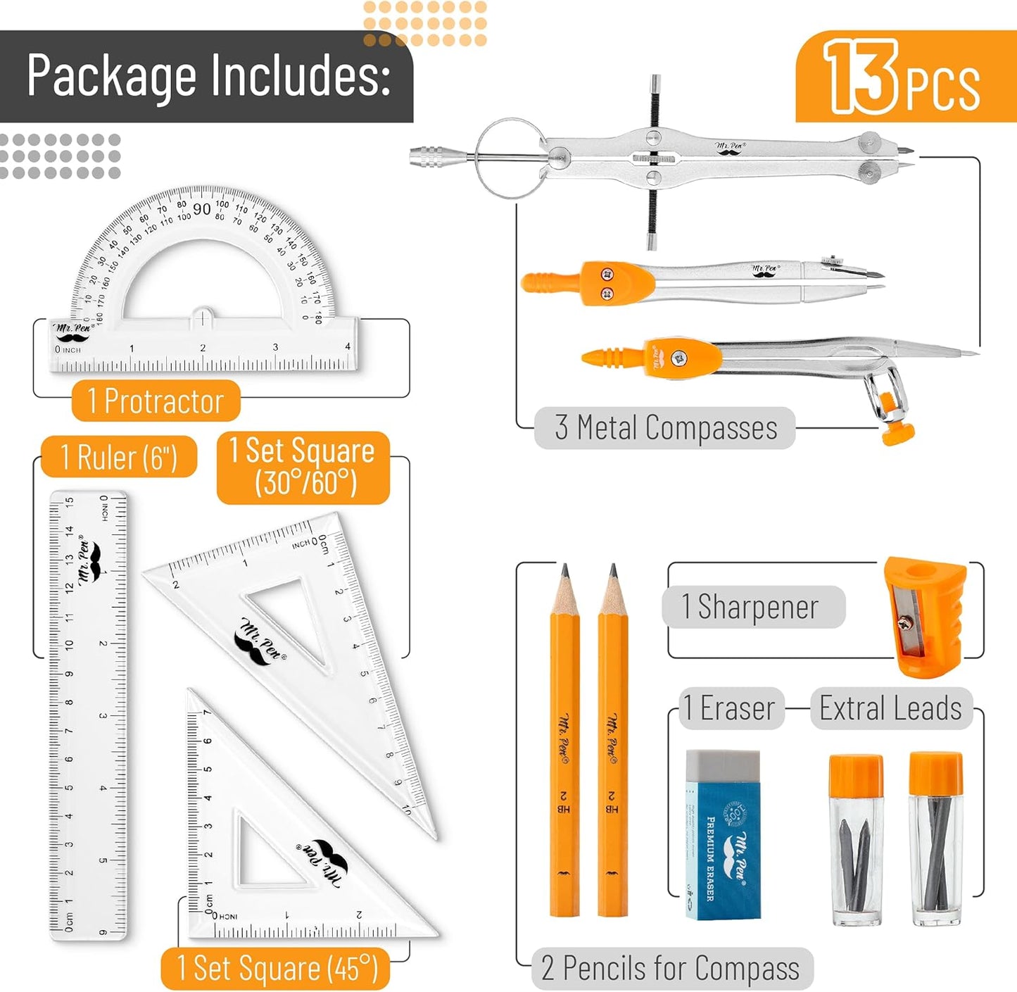 Mr. Pen- Geometry Set, 13 pcs, Compass for Geometry Compass, Geometry Kit Set with Shatterproof Storage Box, Math Compass, Geometry Set for School, Compass Math, Protractor and Compass Set, Orange