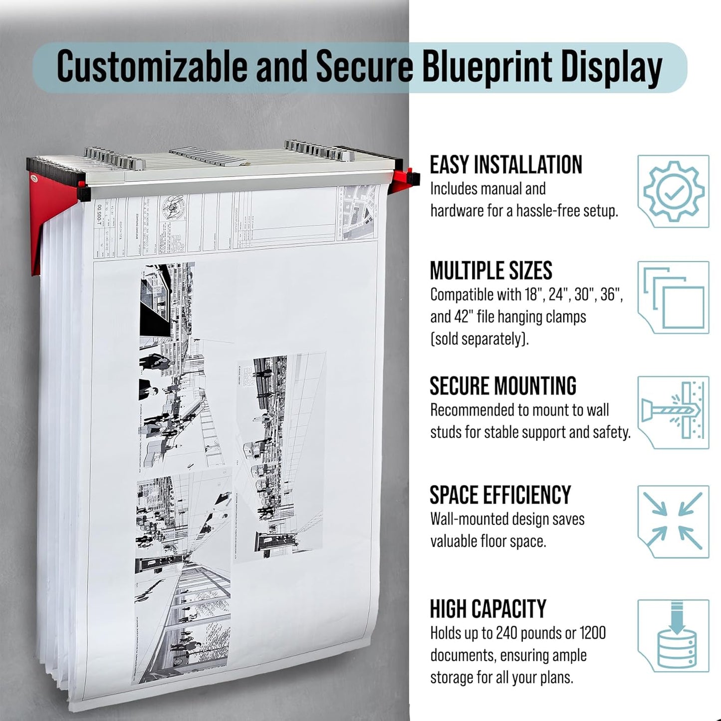 Adir Blueprint Wall Rack - Blueprint Plans Organizer and Construction Plan Holder - Poster Display and Map Rack for Office and Home (Without Blueprint Clamps)