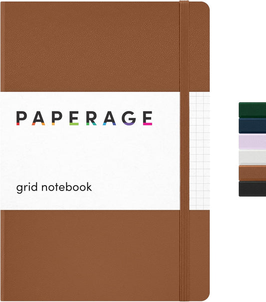 PAPERAGE Graph Paper Journal Notebook, (Cognac), 160 Pages, Medium 5.6 in x 8 in - 100 GSM Thick Paper – Hardcover Grid Notebook for Work or School