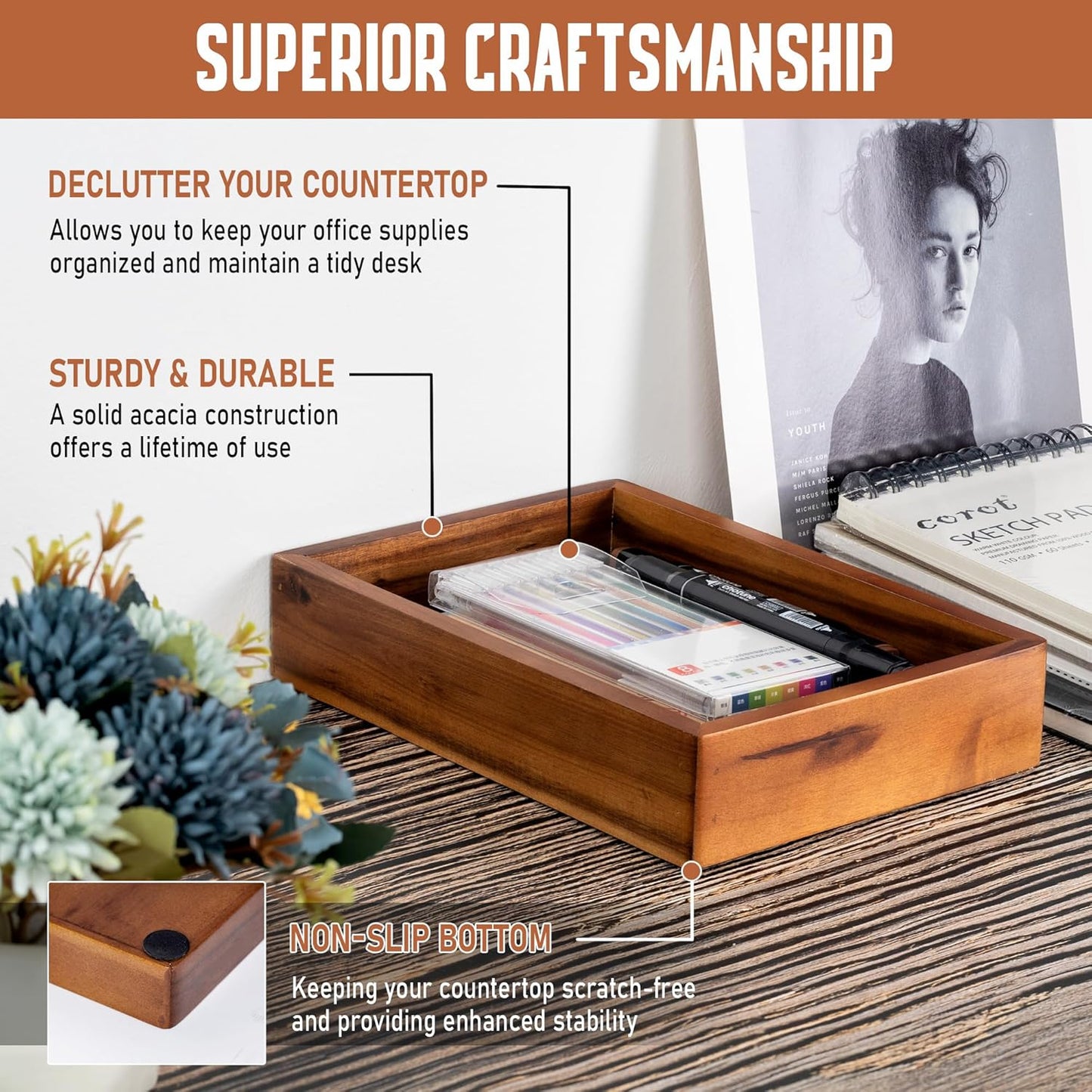 Demigo Acacia Wood Desk Organizer Tray - 9.5x6.7x2 Inch Letter & Stationery Holder for Office, Entryway, Desktop - Natural Wood Catchall for Pens, Mail, Keys