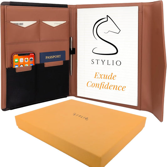 STLYIO Trifold Padfolio - Magnetic Closure. Stretchable Compartment for Tablet, Documents. Elastic Pockets for Phone, Gadgets, Passport, Travel Documents. Letter-Sized Notepad and Gift Box Included.