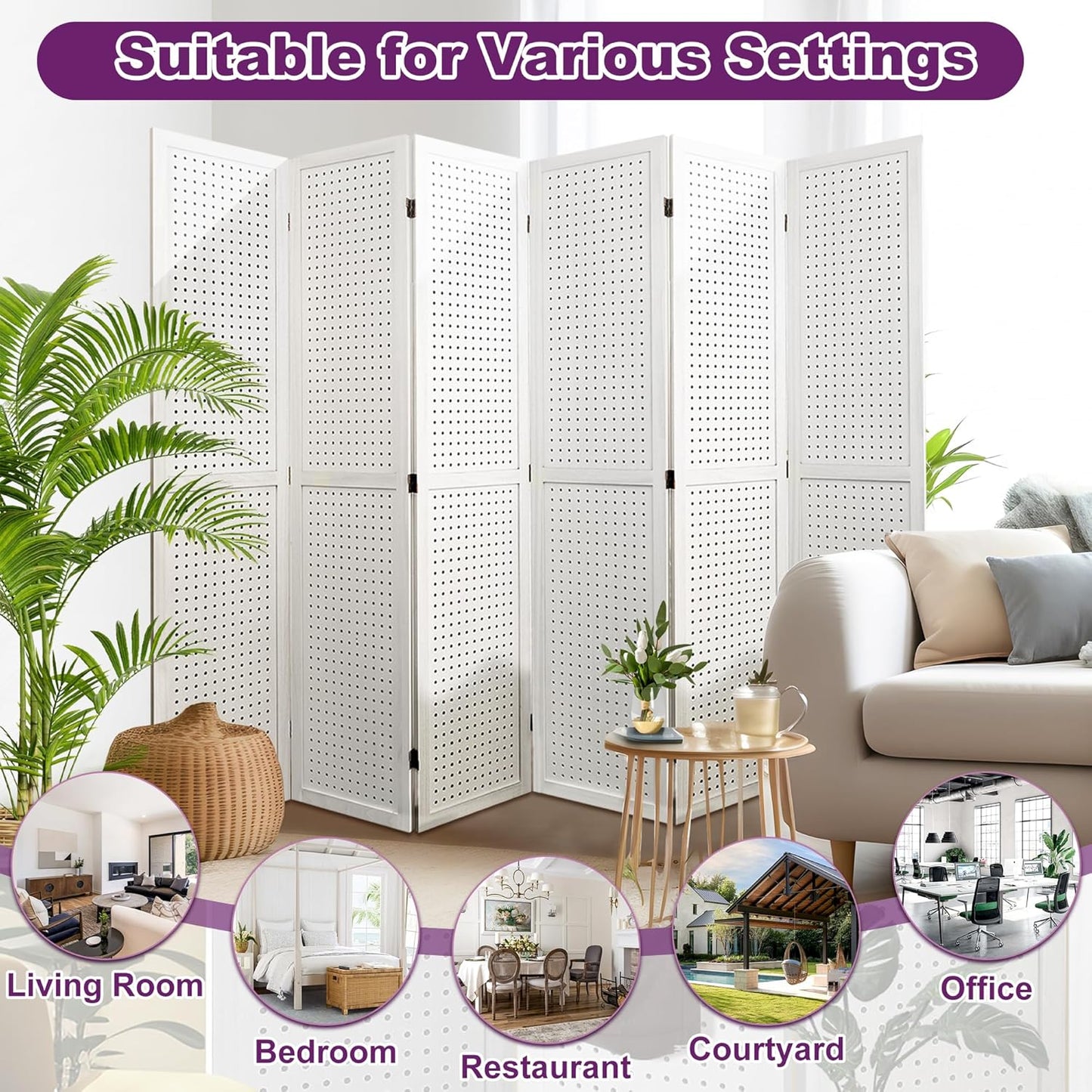 Room Divider, 5.6FT Folding Room Divider Panel, 6 Panel Pegboard Display Wood Partition Wall Divider for Room Separation& Craft Shows, White