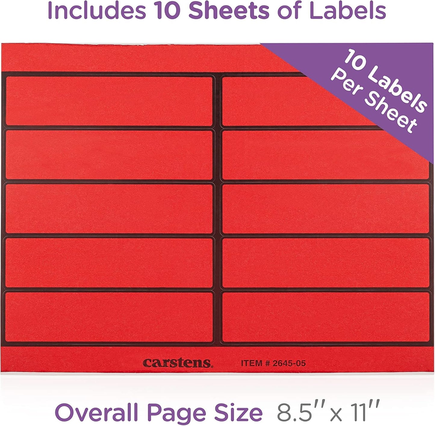Carstens Adhesive Binder Labels, 5 3/8” x 1 3/8”, Stickers for 1.5” – 4” Ring Binder Spines, Inkjet and Laser Printer Compatible, Red, 20 Sheets, 10 Labels Per Sheet