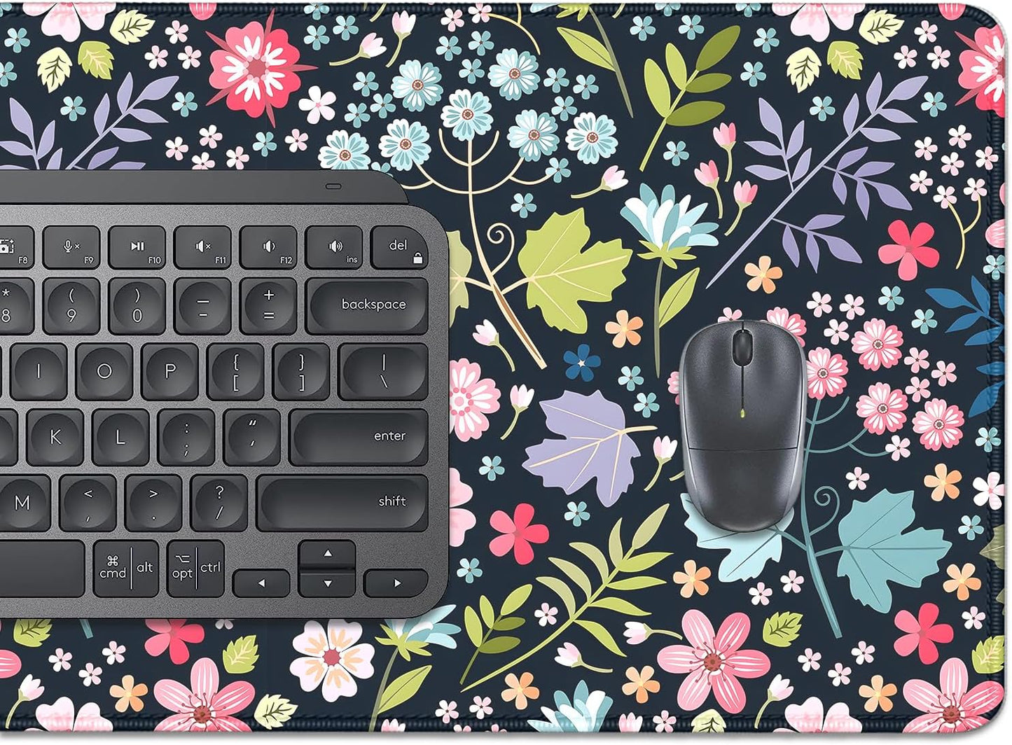 Maple Leaf and Flowers Desk Pad Mouse Pad,Large Floral Mouse Mat with Stitched Edges,Non-Slip Rubber Base Elegant Mousepad for Office PC Keyboard Laptop and Home Work Desk Mat(27.5X11.8 in)