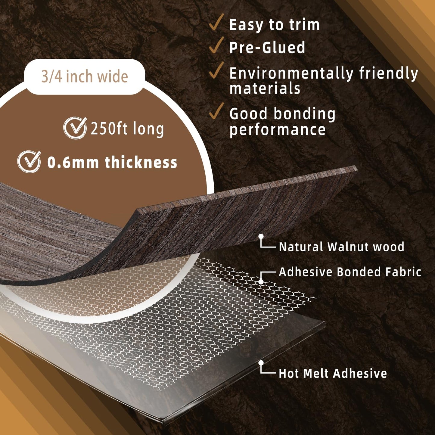 GSCIT Club Walnut Edge Banding, 3/4 inch x 250ft roll of Veneer Plywood Edge Banding Preglued Flexible, Wood Tape Banding for Cabinet Repair