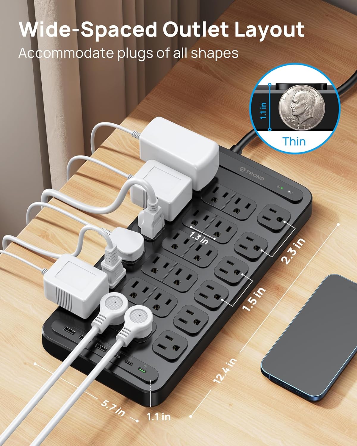TROND Surge Protector Power Strip, 360° Rotating Flat Plug, 24 AC Outlets, 6 USB Ports Total 37W, 4000 Joules, ETL Listed, 6ft Heavy Duty Extension Cord 1875W for Gaming Dorm Room Essentials Black