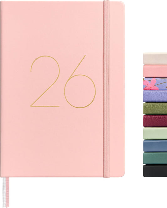 And Per Se 2026 Planner-Daily, Weekly & 15-Monthly Leather Hardcover Planner, 5.7" x 8", Daily Schedule, Monthly Tabs, 100 GSM Thick Paper, Back Pocket(Pink)