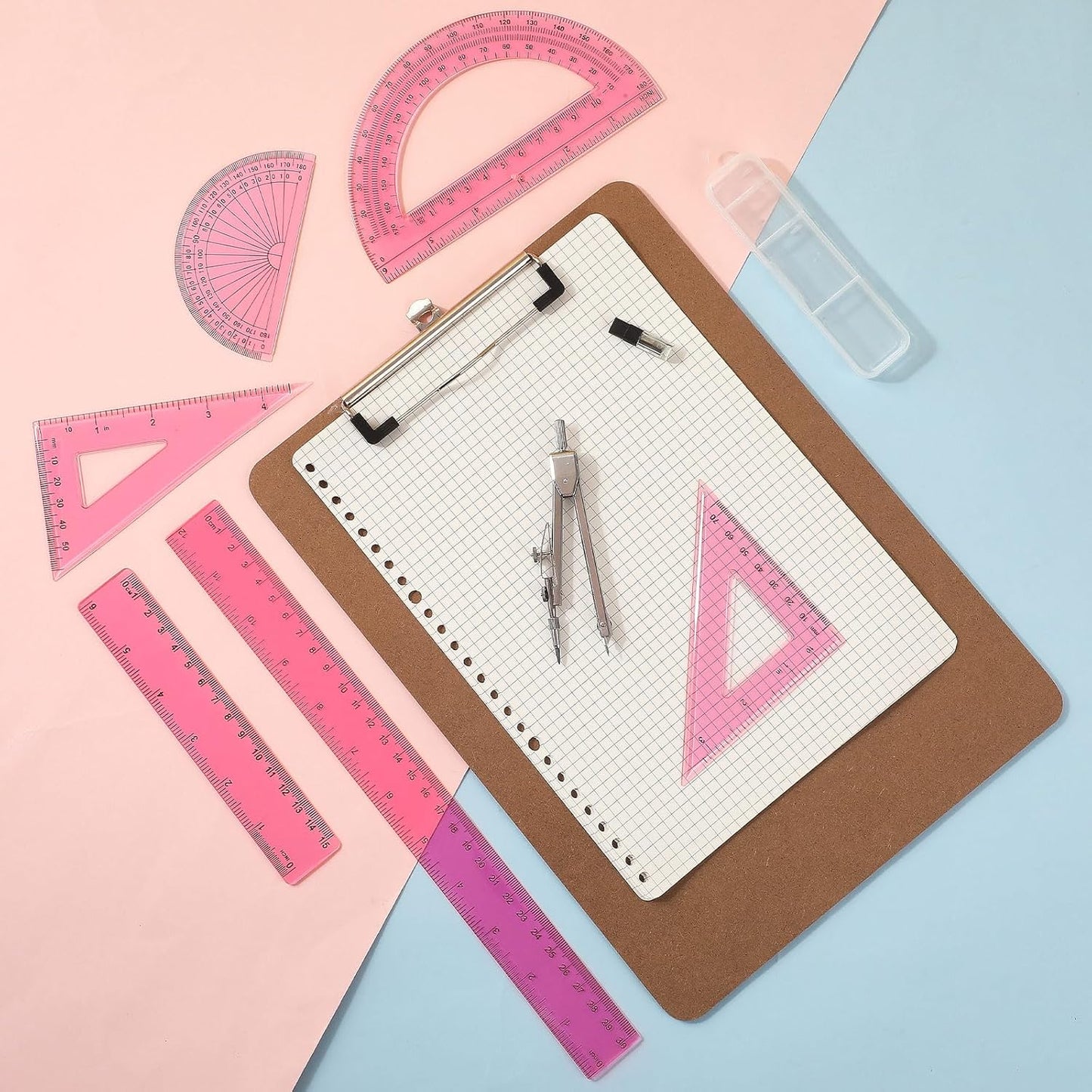 Zonon 1 Set Plastic Geometry Math Set Includes Drawing Compass, 6 Inch 4 Inch Protractor, 45/60 Degree Triangle Rulers 12 Inch 6 Inch Math Ruler Transparent for Office Supplies (Pink)