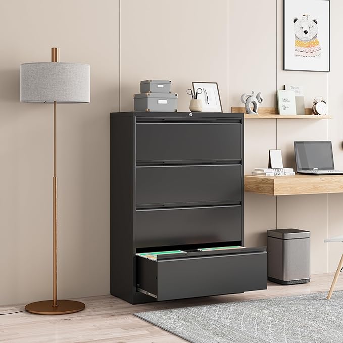 File Cabinet, 4 Drawer Metal File Cabinet with Lock, Lateral File Cabinet for Home and Office, Lateral File Cabinet for A4 Legal/Letter Size, Assembly Required (Black, 4 Drawer)