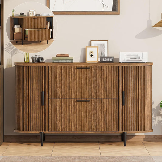 SEDETA 2 Drawer File Cabinet, 39.4" Filing Cabinet for Home Office, fit Legal/Letter/A4 Size, Light Luxury Fluted Filing Cabinets with 2 Sliding Door Storage, Printer Stand, Brown